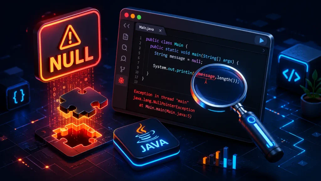 A debugging illustration showing how to fix a java.lang.NullPointerException code crash for the AP CSA exam.